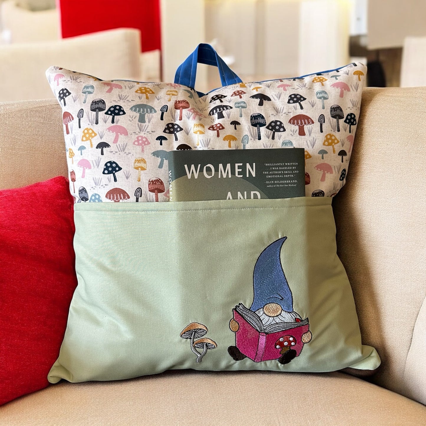 Handcrafted Reading Pillow - Gnome Reading Mushroom Book