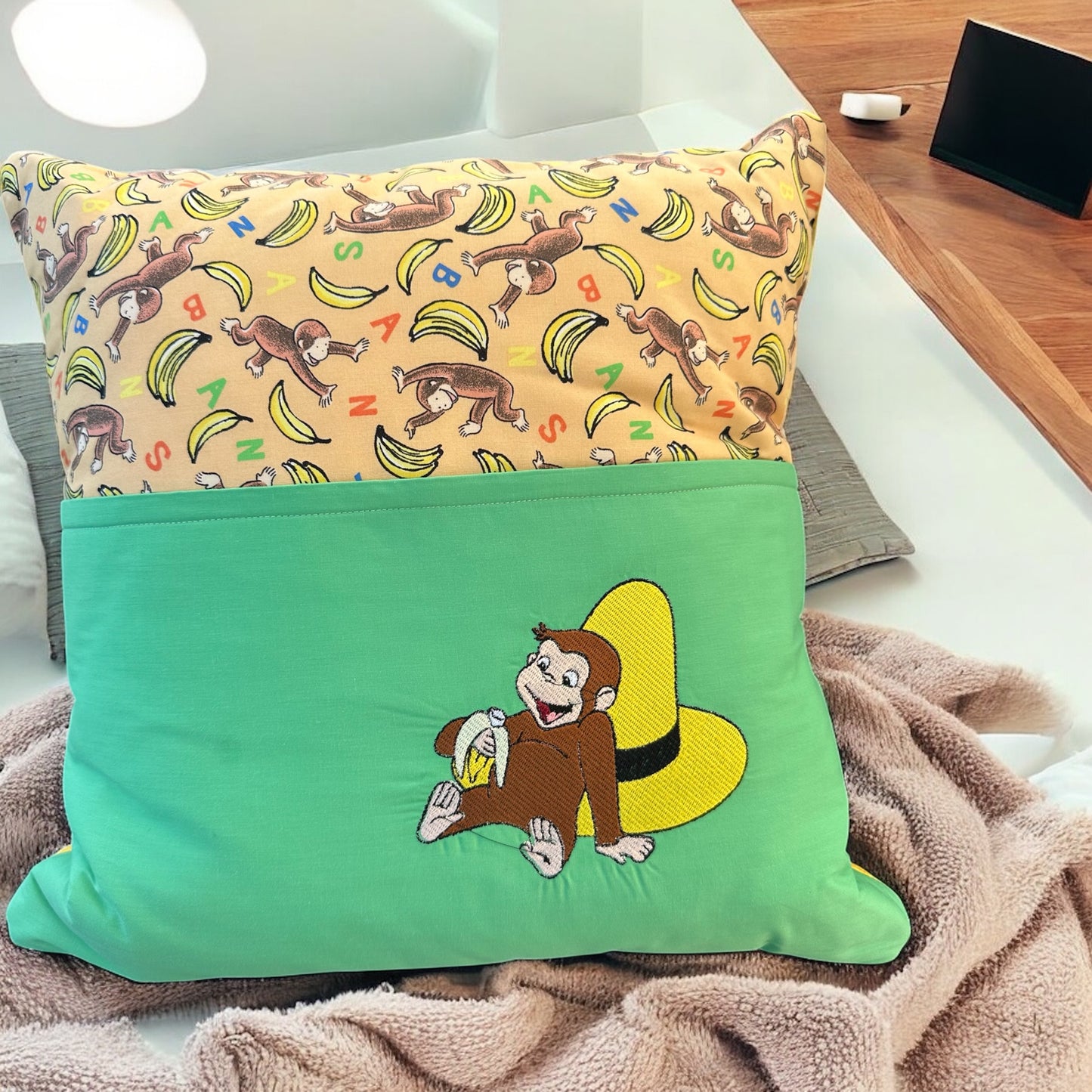 Handcrafted Reading Pillow - Monkey and Big Yellow Hat