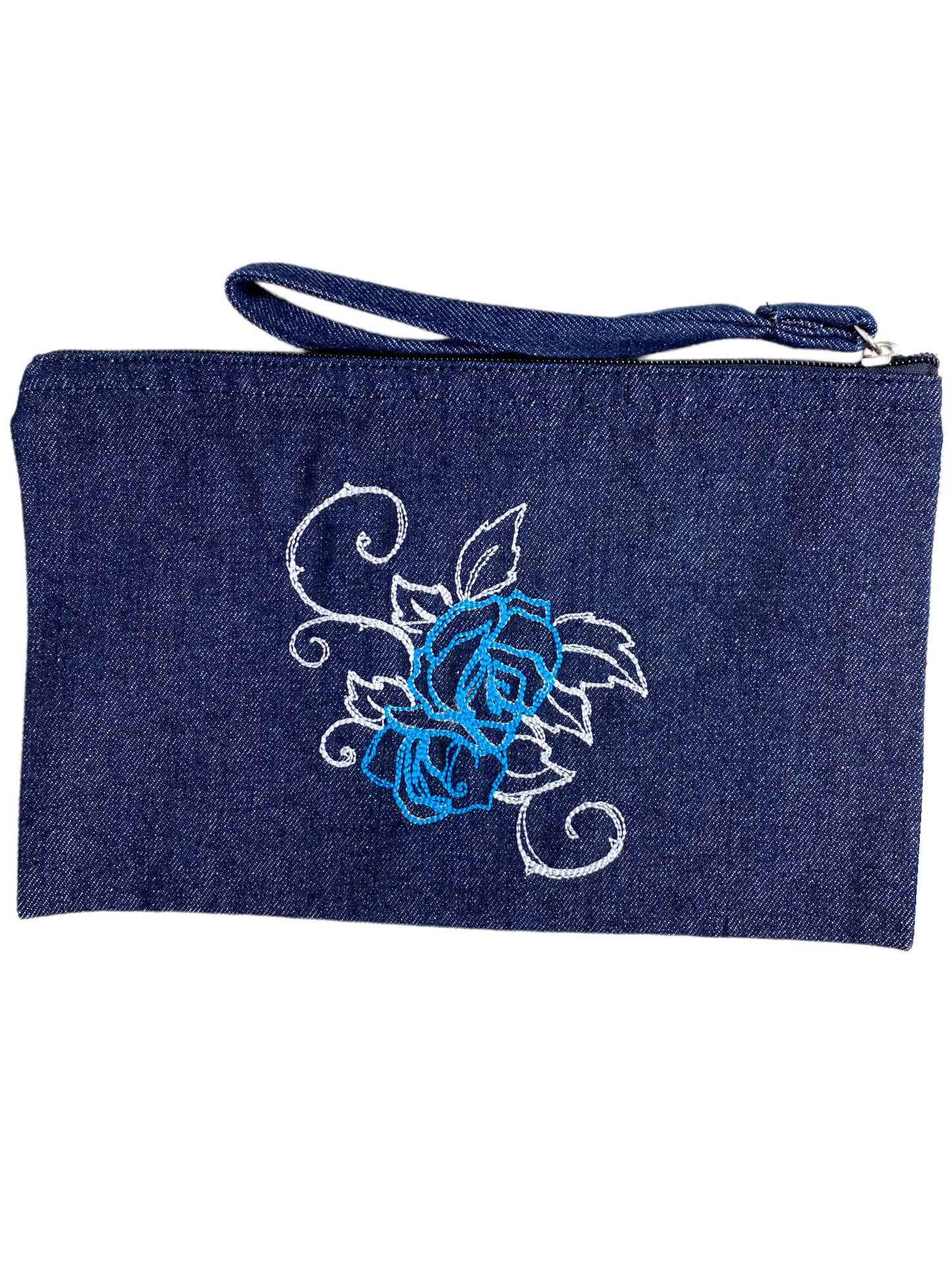 Denim bag with light blue and white rose detail