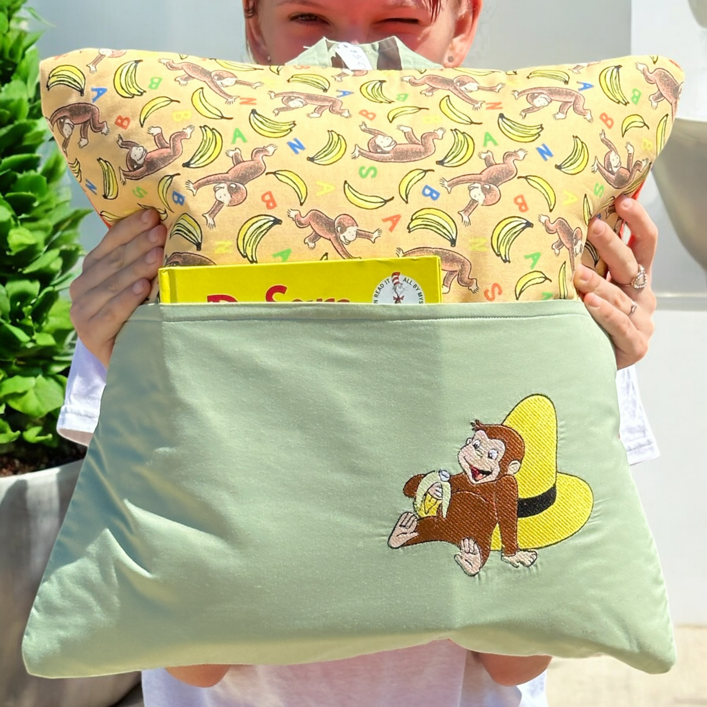 Handcrafted Reading Pillow - Monkey and Big Yellow Hat