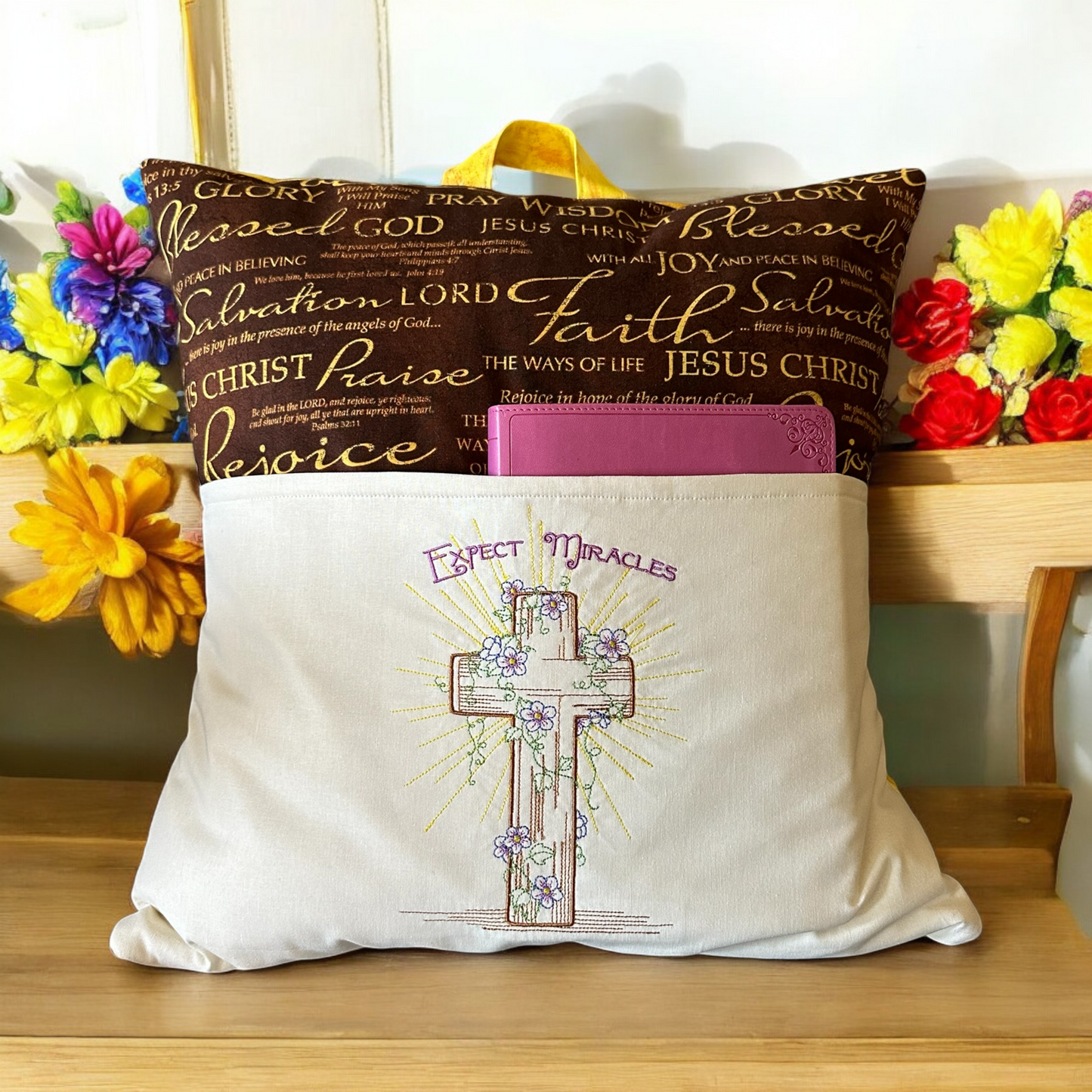 Handcrafted Reading Pillow - Cross with Inspirational Sayings