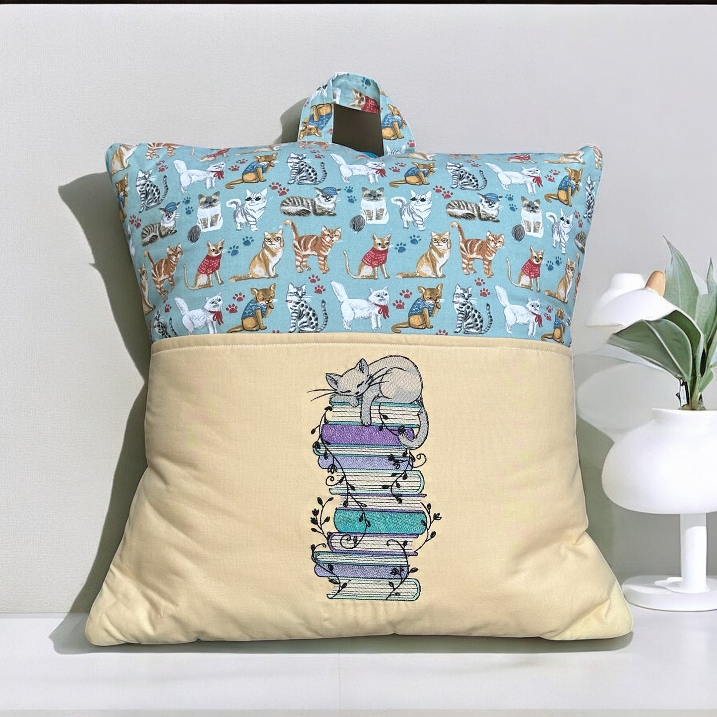 Handcrafted Reading Pillow - Cat Lounging on Stack of Books
