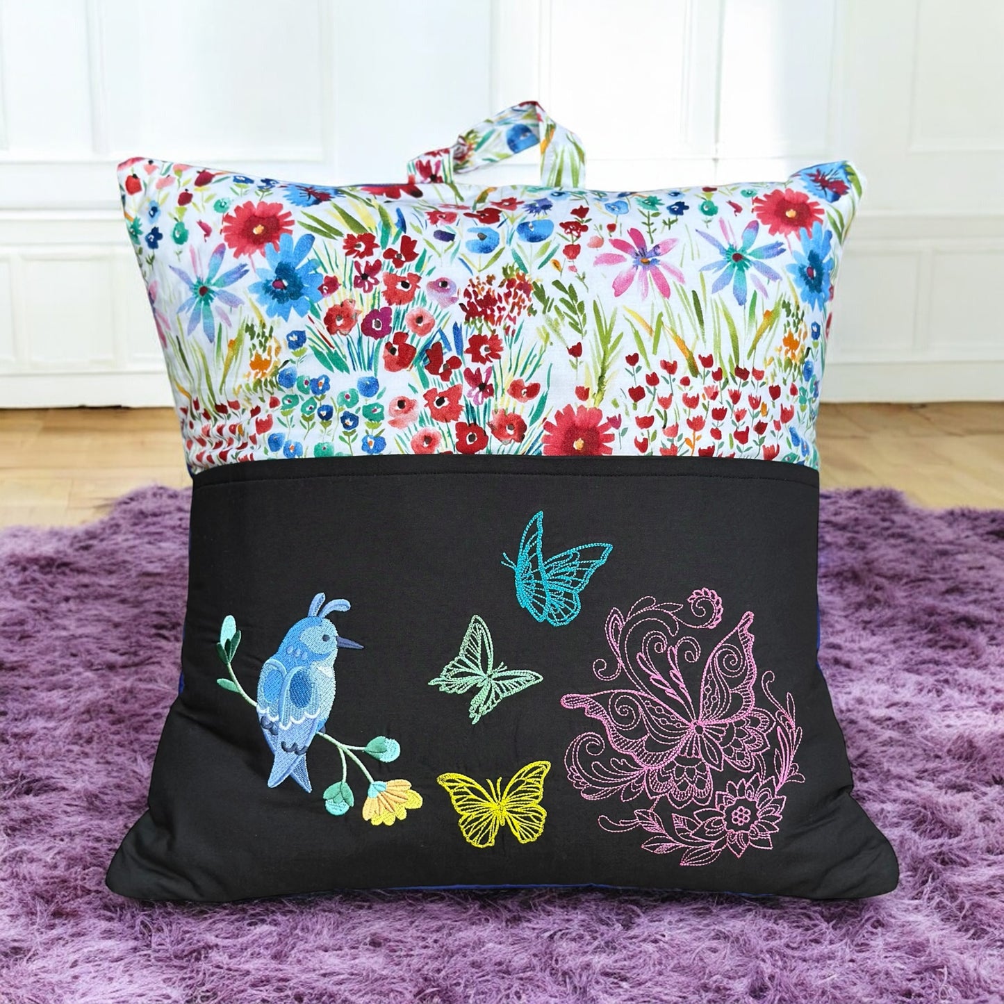 Handcrafted Reading Pillow - Bird Butterflies Floral