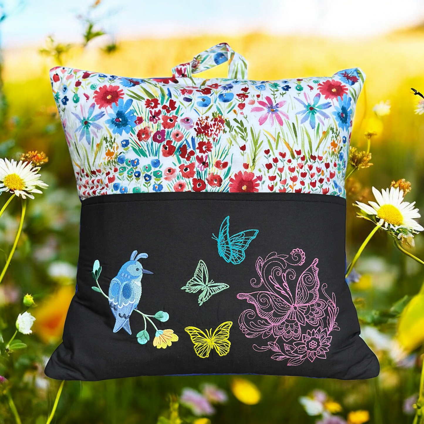 Handcrafted Reading Pillow - Bird Butterflies Floral