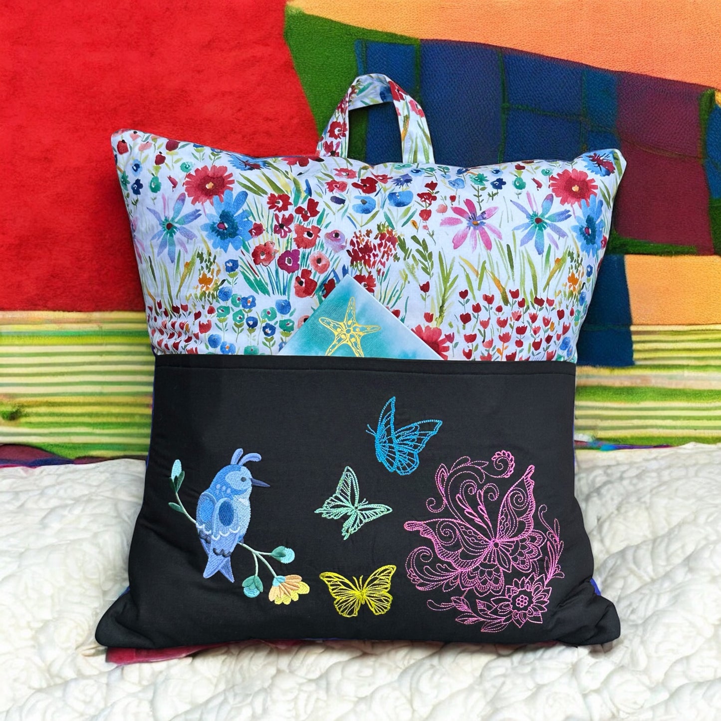 Handcrafted Reading Pillow - Bird Butterflies Floral