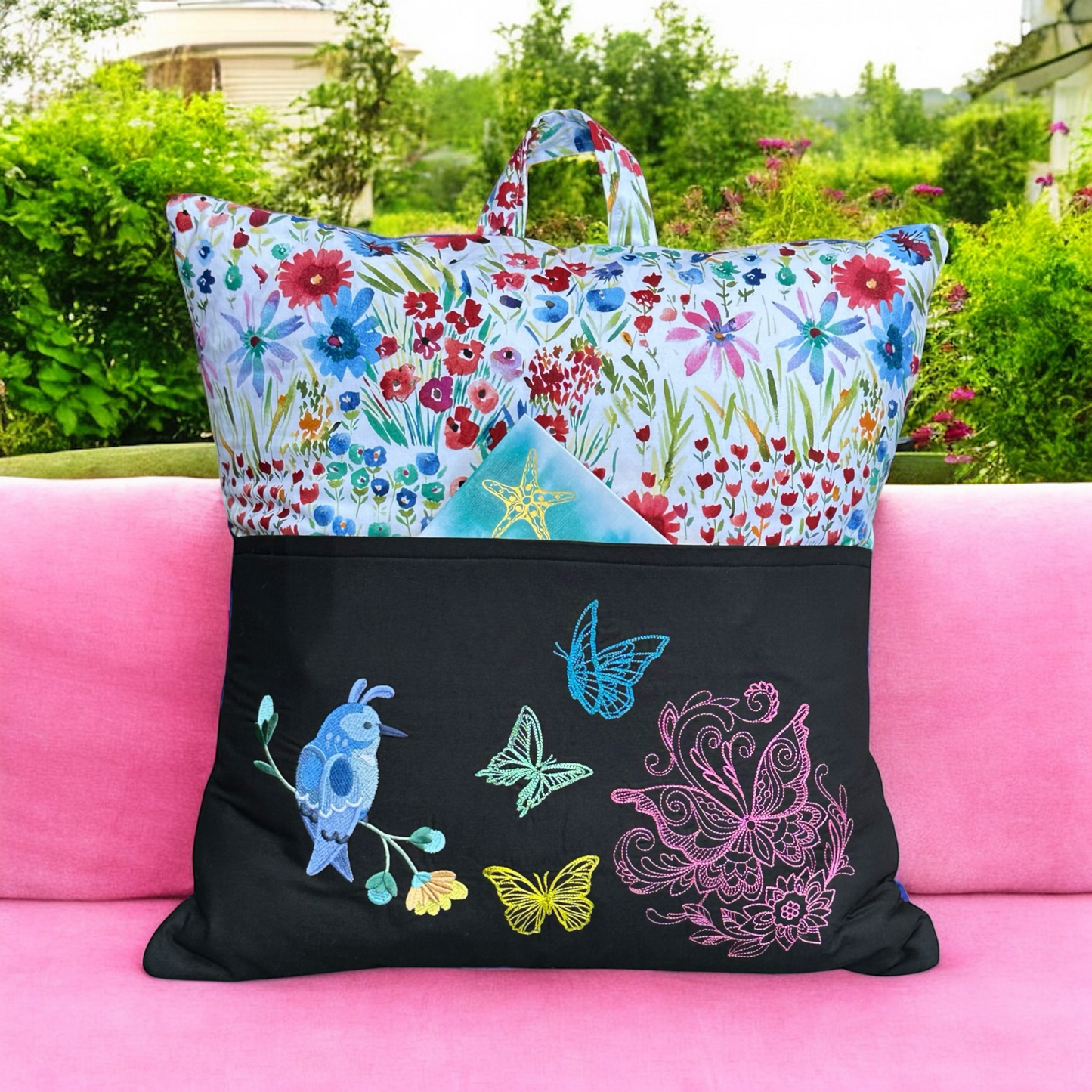 Handcrafted Reading Pillow - Bird Butterflies Floral