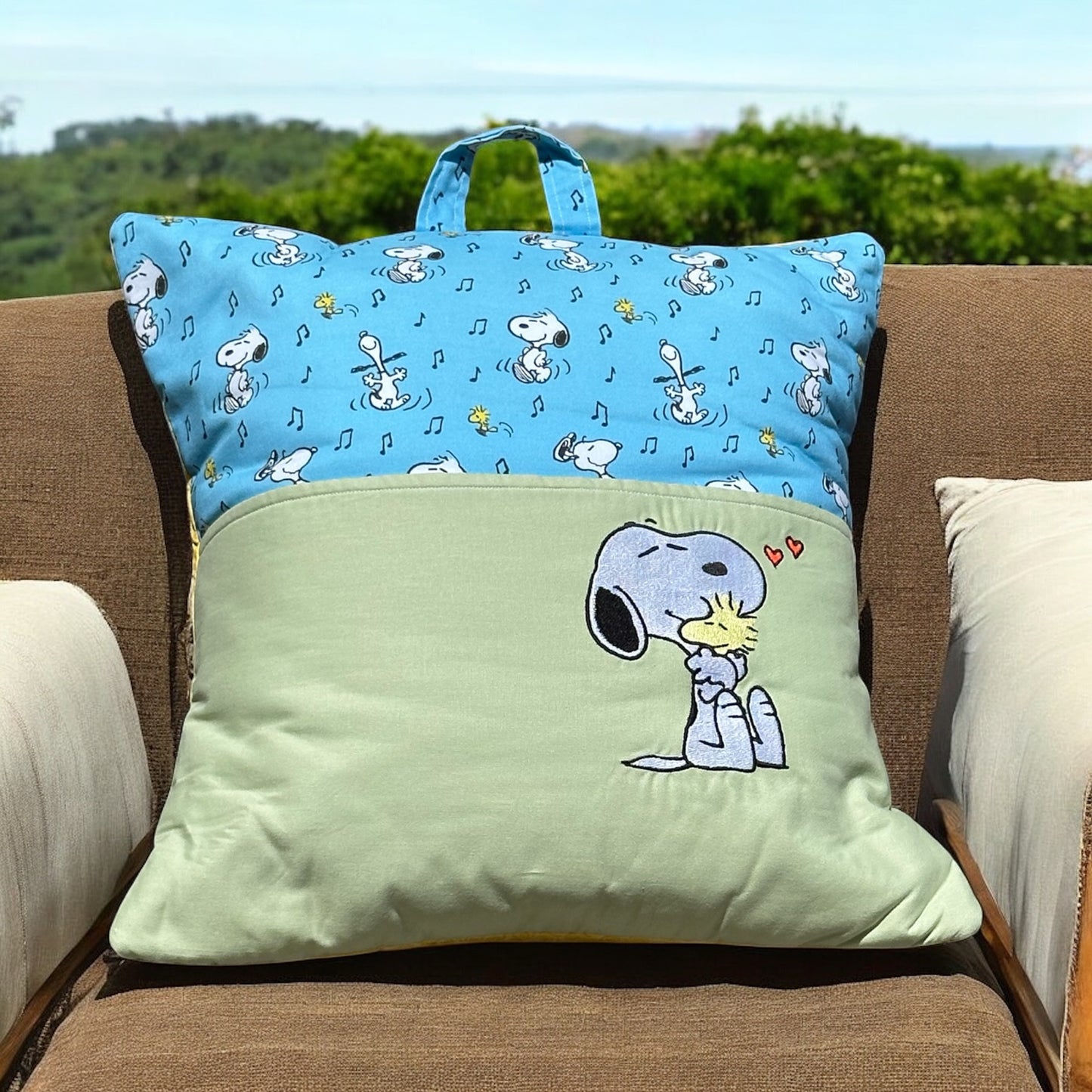 Handcrafted Reading Pillow - Loving Dog and Bird
