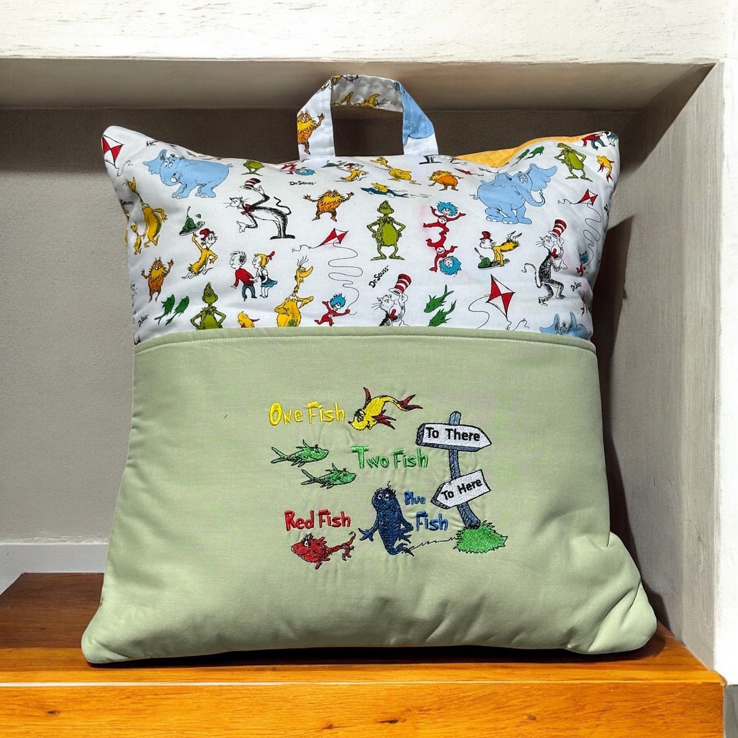 Handcrafted Reading Pillow - Yellow Green Red Blue Fishes