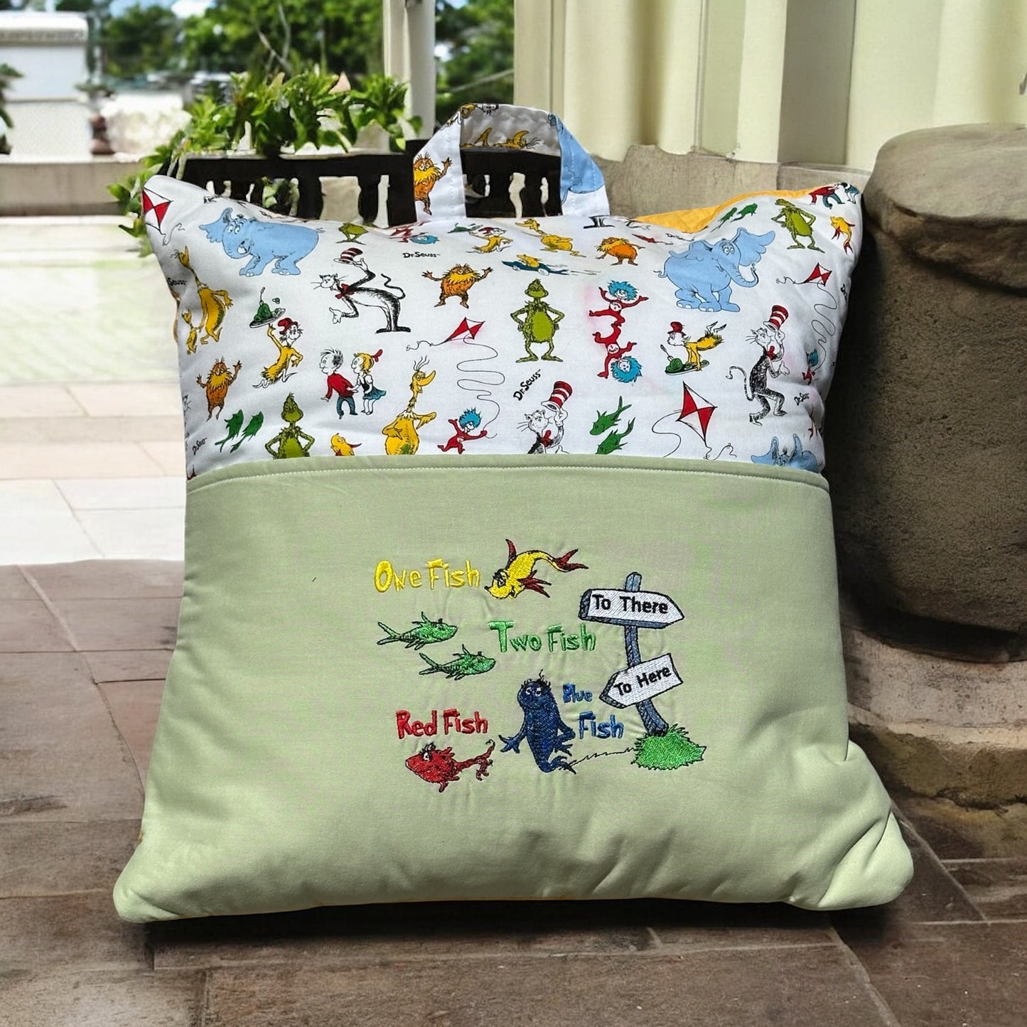 Handcrafted Reading Pillow - Yellow Green Red Blue Fishes