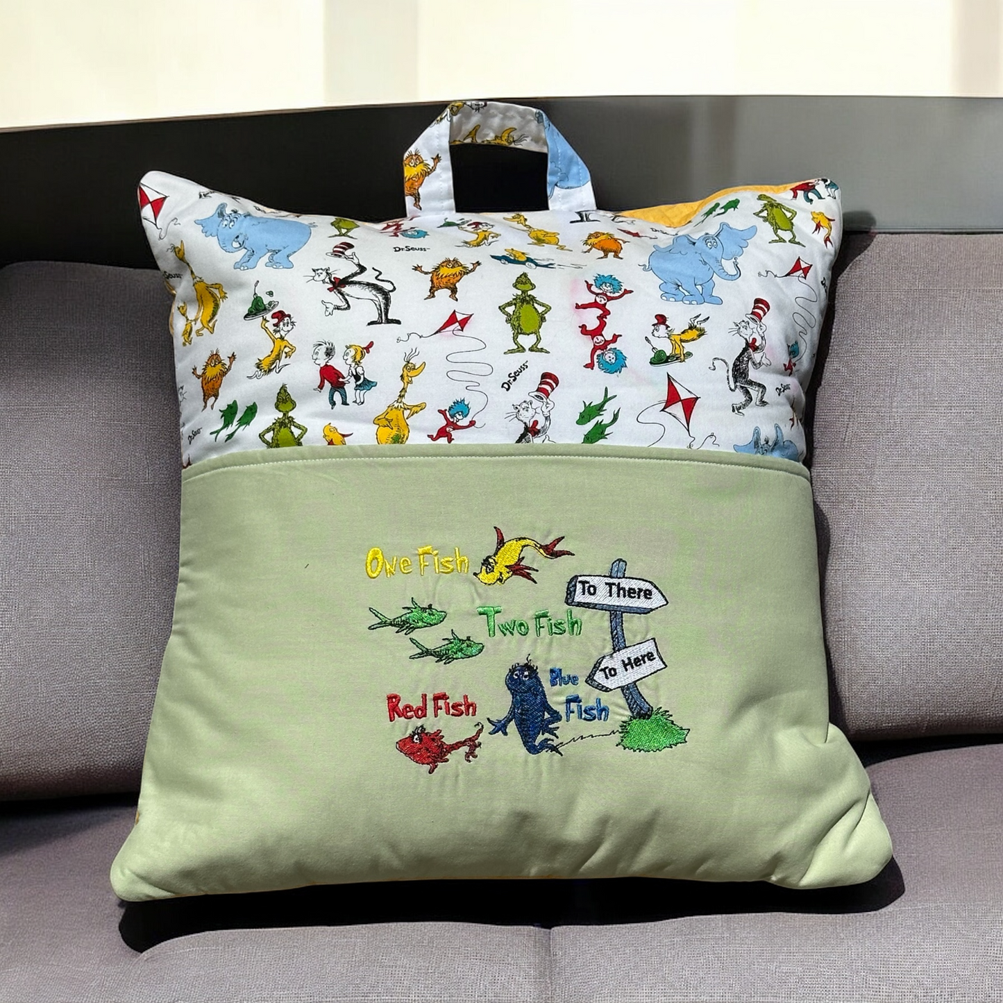 Handcrafted Reading Pillow - Yellow Green Red Blue Fishes