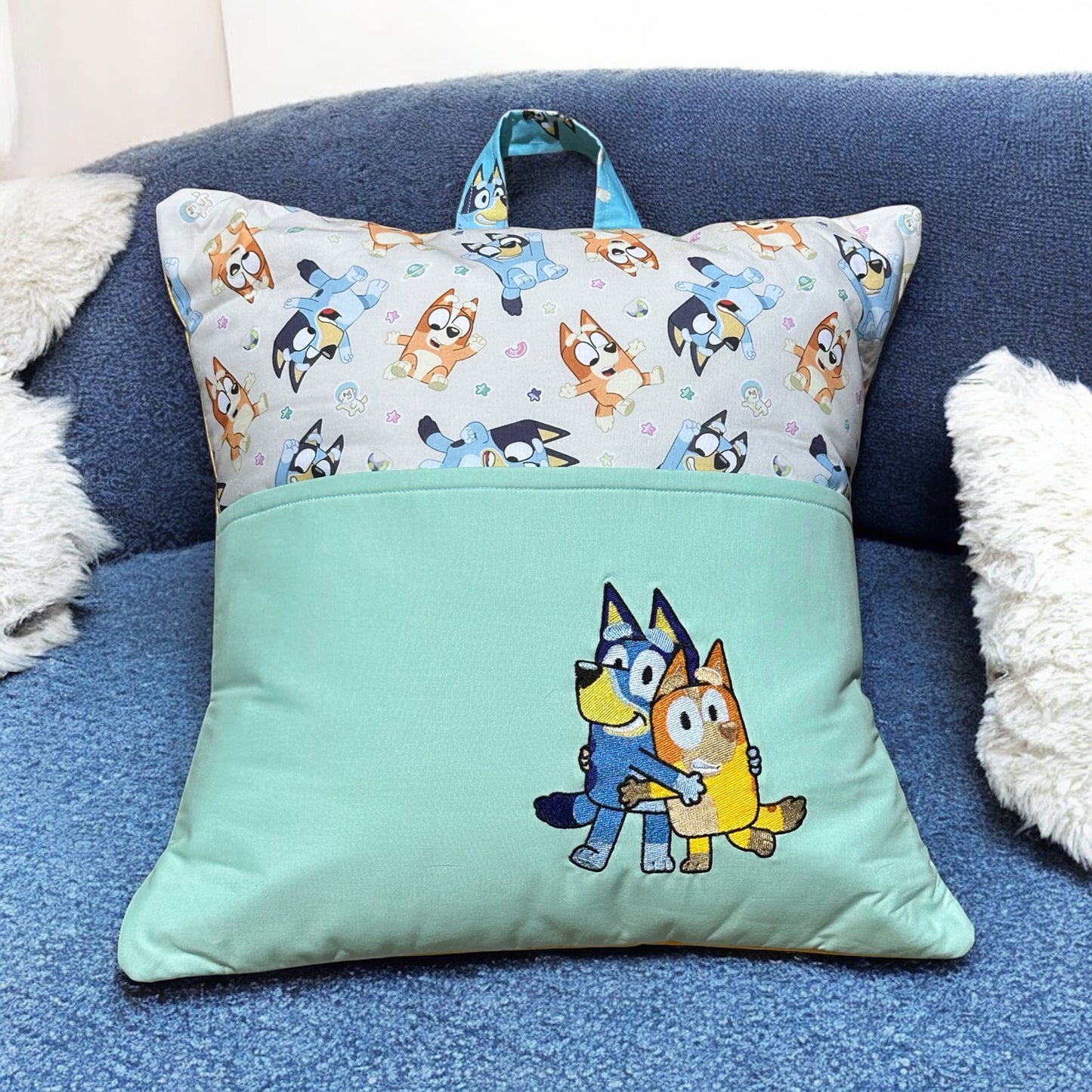 Handcrafted Reading PIllow - Hugging dogs