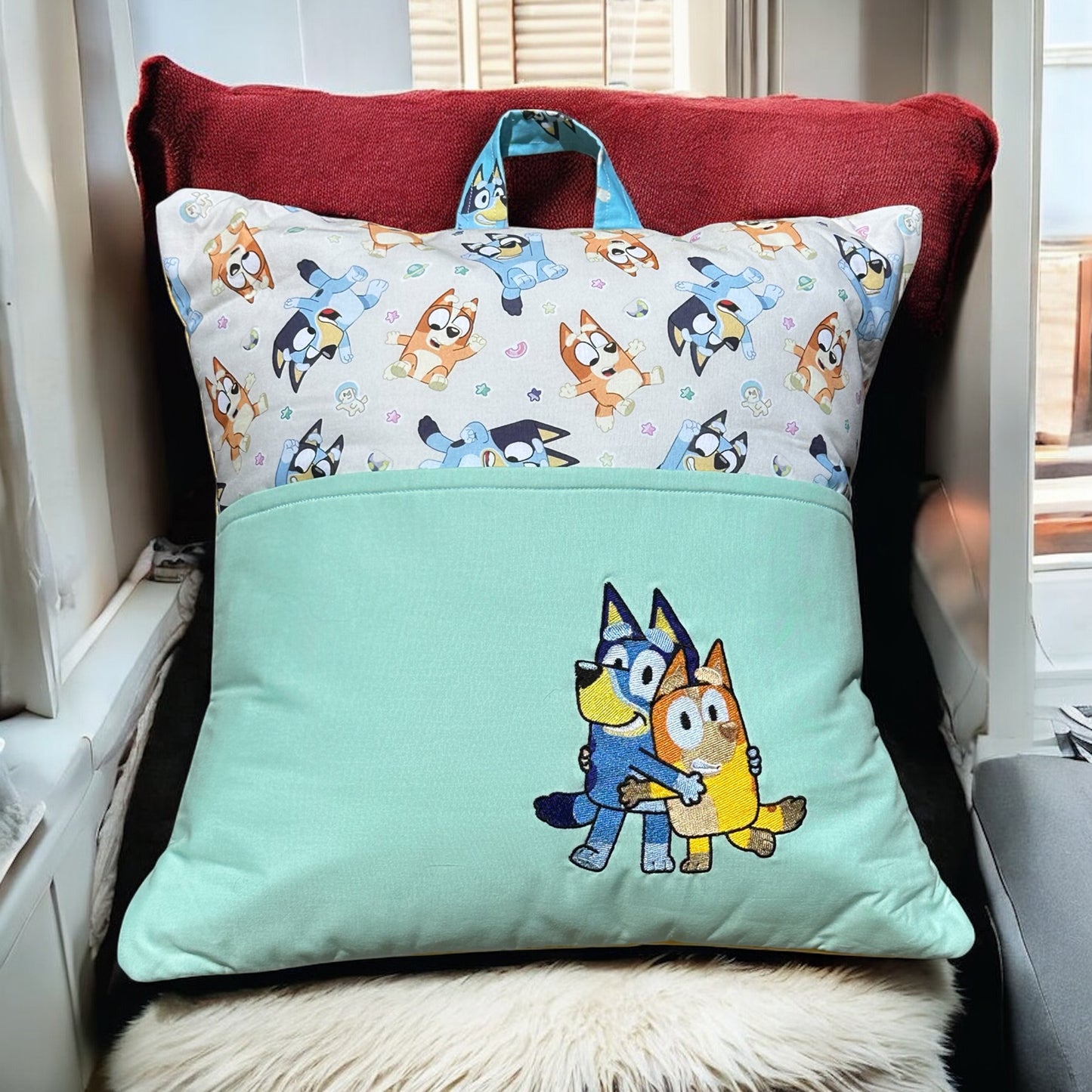 Handcrafted Reading PIllow - Hugging dogs