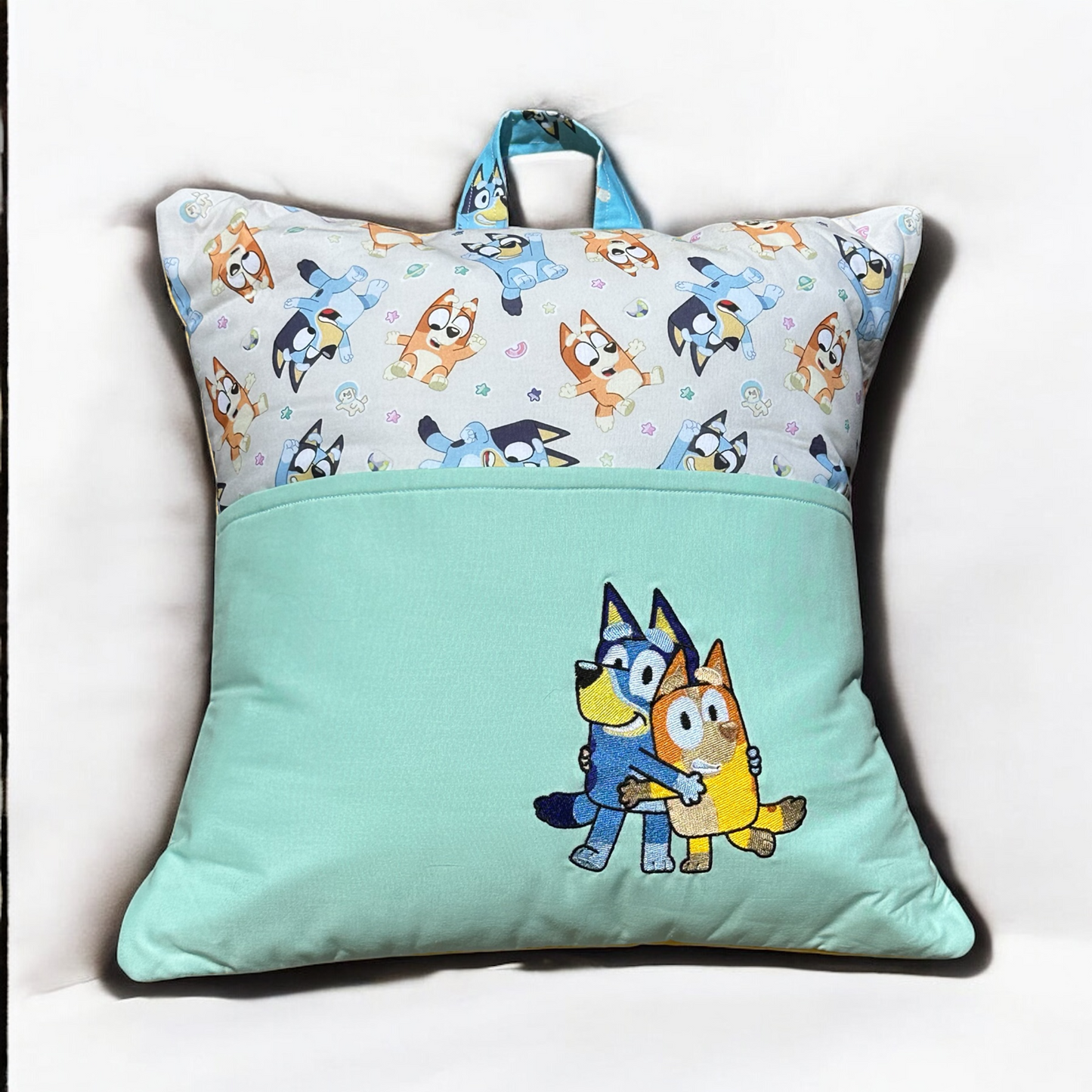 Handcrafted Reading PIllow - Hugging dogs