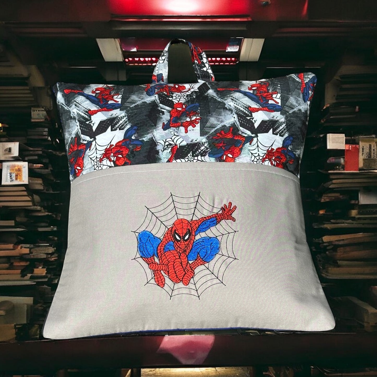 Handcrafted Read Pillow - Man Spinning Web